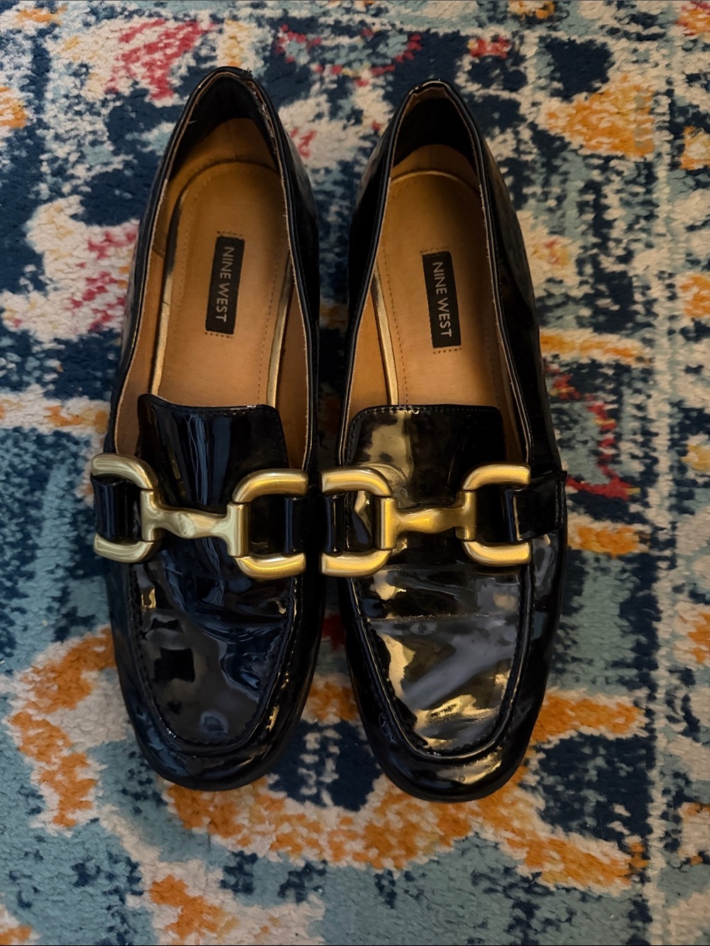 Nine West Black Patent Loafers with Gold Horsebit Hardware
